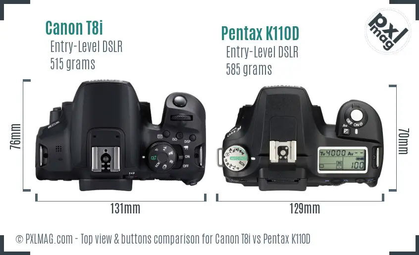 Canon T8i vs Pentax K110D top view buttons comparison