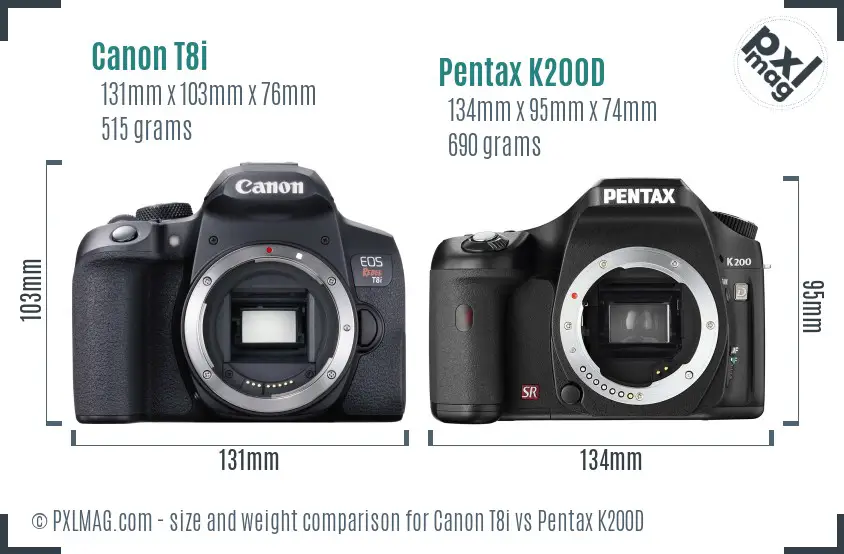 Canon T8i vs Pentax K200D size comparison