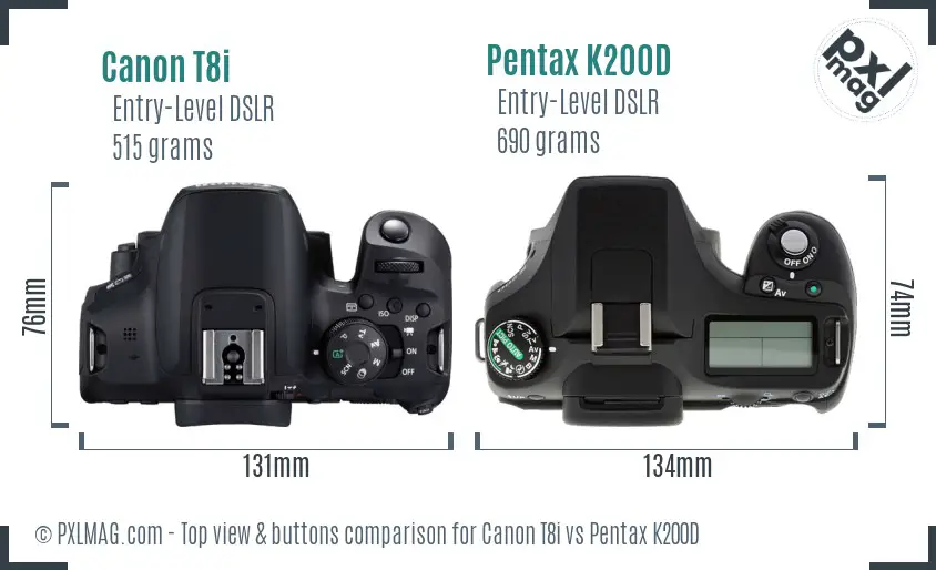 Canon T8i vs Pentax K200D top view buttons comparison