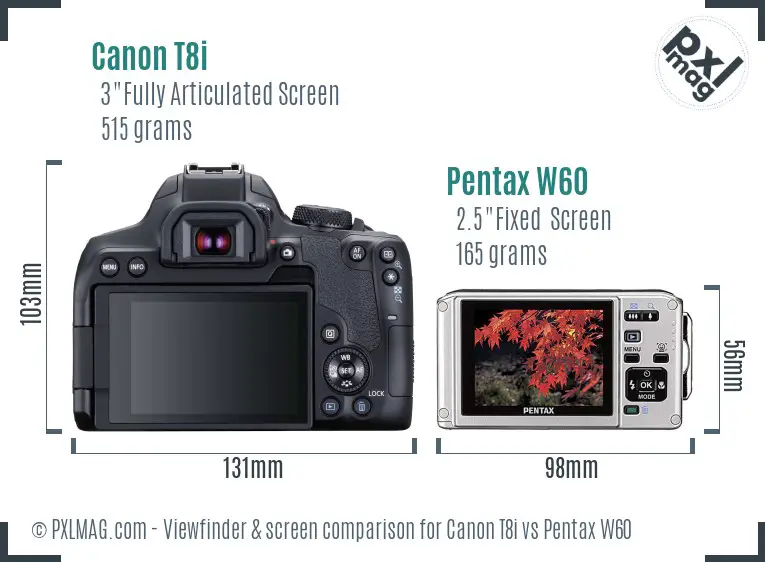 Canon T8i vs Pentax W60 Screen and Viewfinder comparison