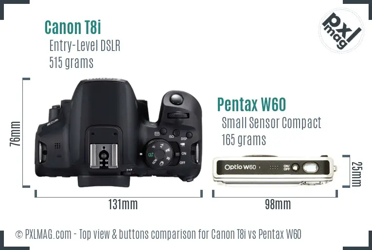 Canon T8i vs Pentax W60 top view buttons comparison