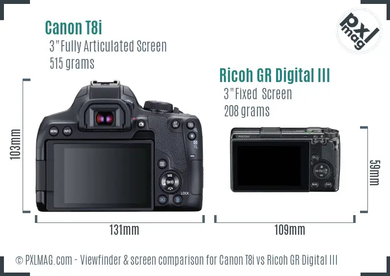 Canon T8i vs Ricoh GR Digital III Screen and Viewfinder comparison