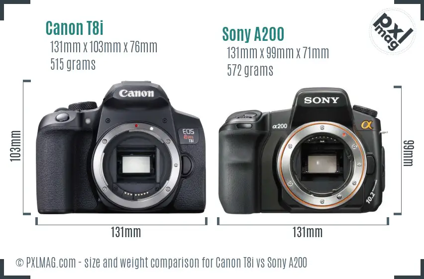 Canon T8i vs Sony A200 size comparison