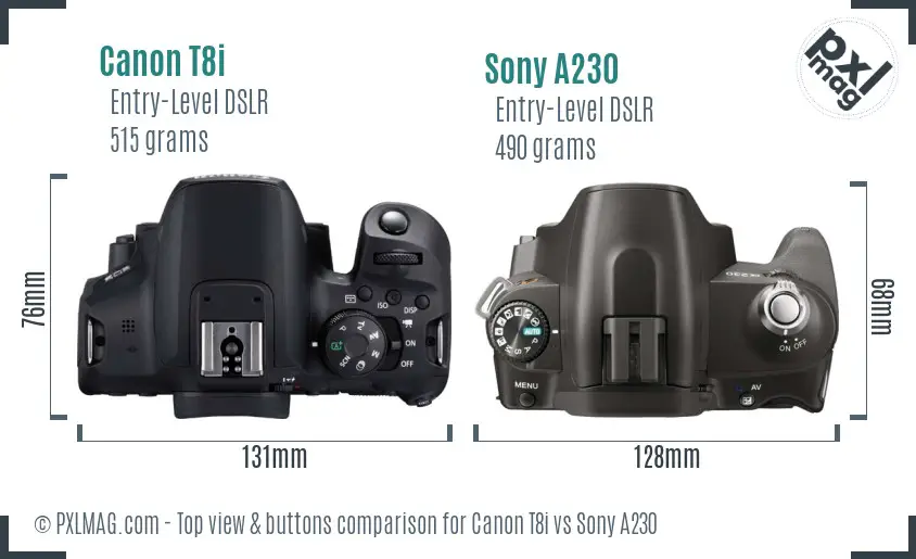 Canon T8i vs Sony A230 top view buttons comparison