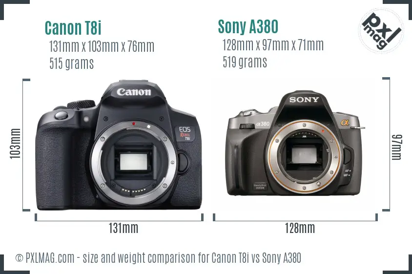 Canon T8i vs Sony A380 size comparison