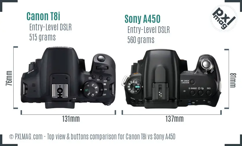 Canon T8i vs Sony A450 top view buttons comparison