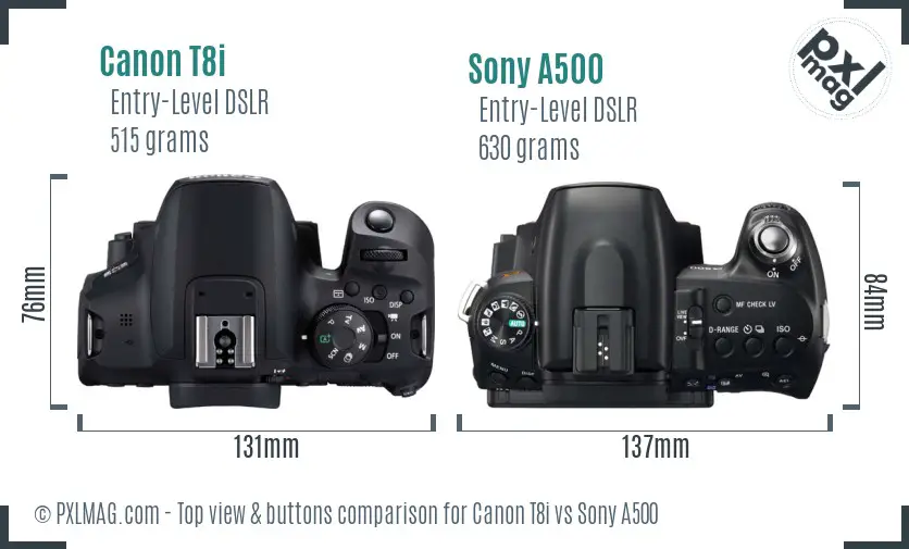 Canon T8i vs Sony A500 top view buttons comparison
