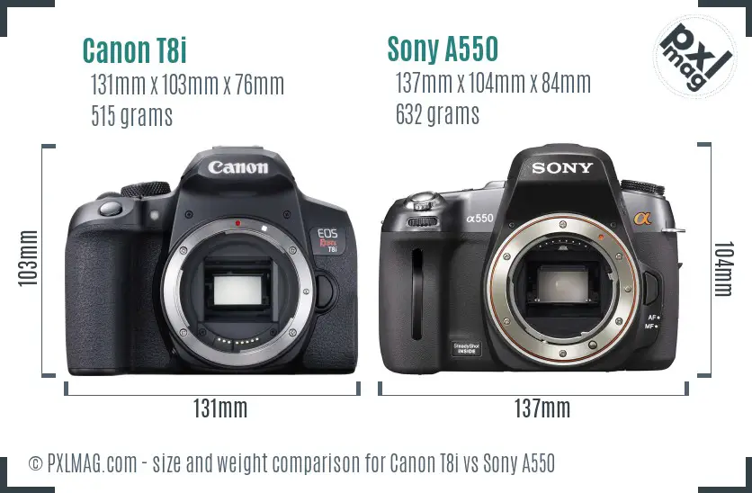 Canon T8i vs Sony A550 size comparison