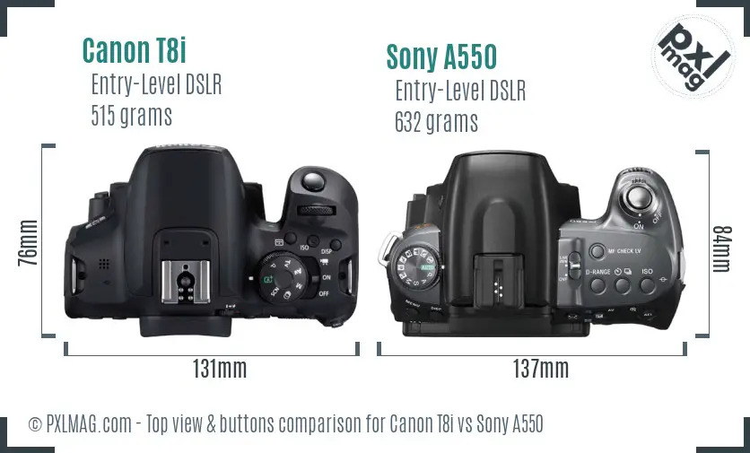 Canon T8i vs Sony A550 top view buttons comparison