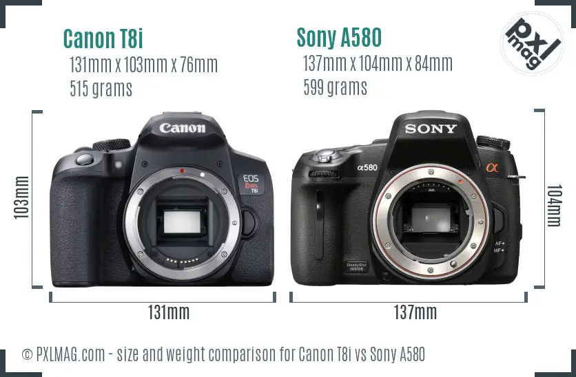 Canon T8i vs Sony A580 size comparison