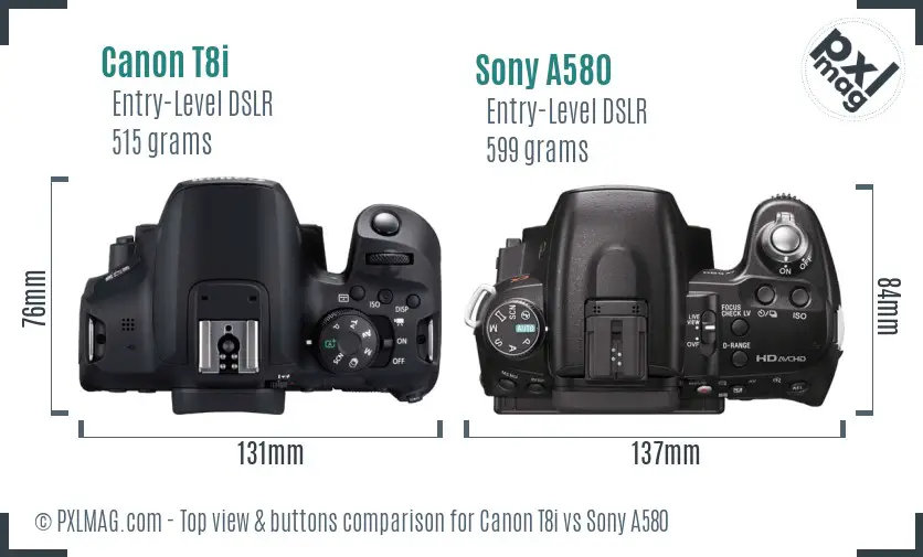 Canon T8i vs Sony A580 top view buttons comparison