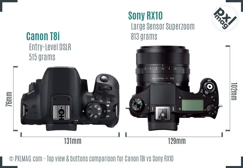 Canon T8i vs Sony RX10 top view buttons comparison