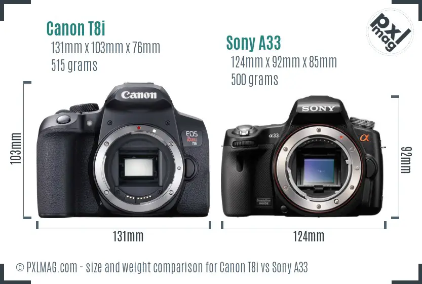 Canon T8i vs Sony A33 size comparison