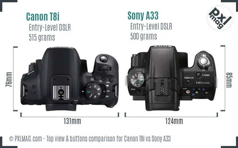 Canon T8i vs Sony A33 top view buttons comparison