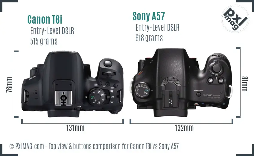 Canon T8i vs Sony A57 top view buttons comparison
