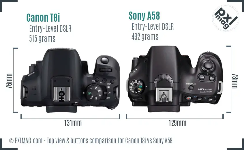 Canon T8i vs Sony A58 top view buttons comparison
