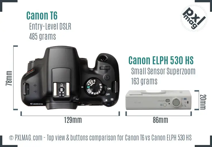 Canon T6 vs Canon ELPH 530 HS top view buttons comparison