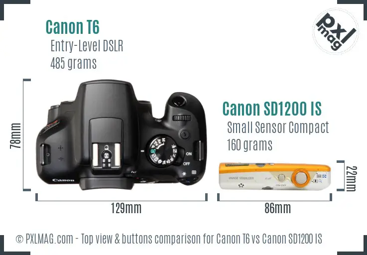Canon T6 vs Canon SD1200 IS top view buttons comparison