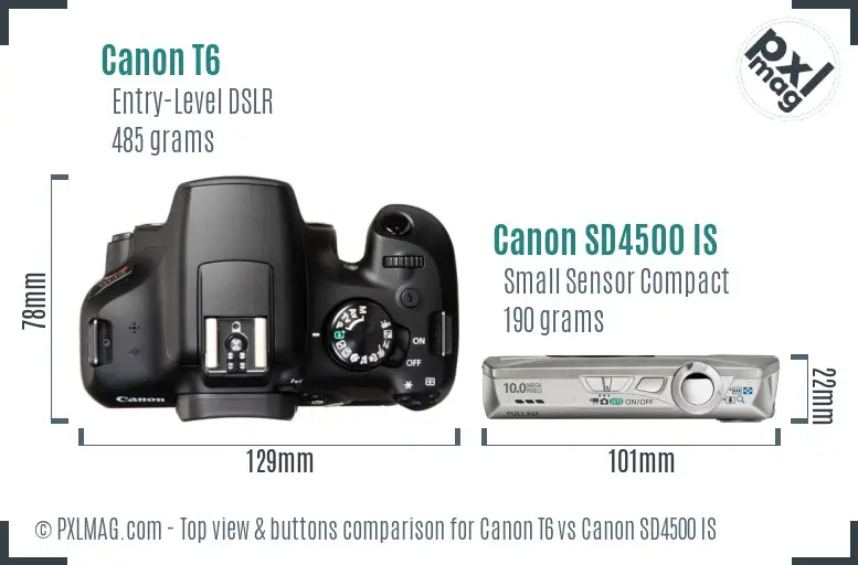 Canon T6 vs Canon SD4500 IS top view buttons comparison