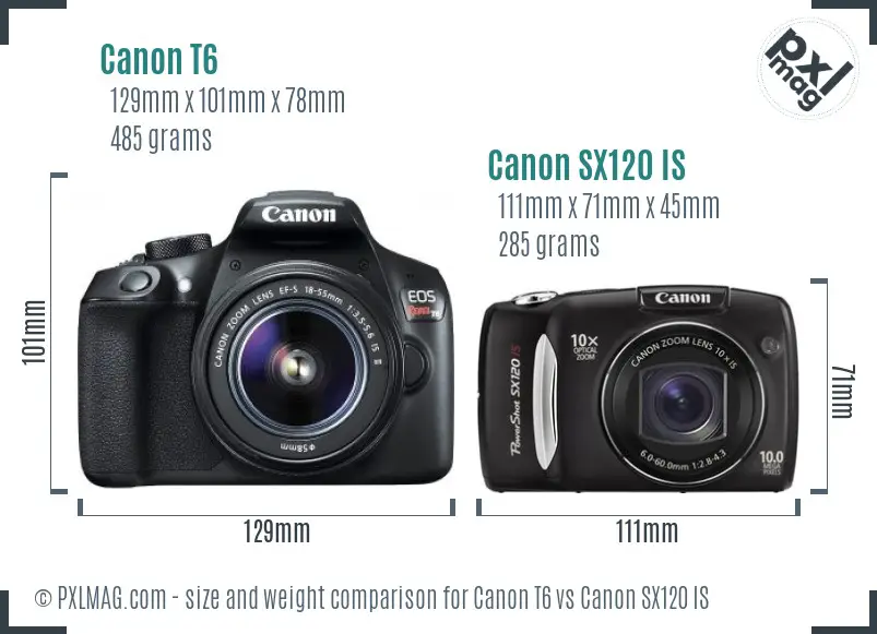Canon T6 vs Canon SX120 IS size comparison