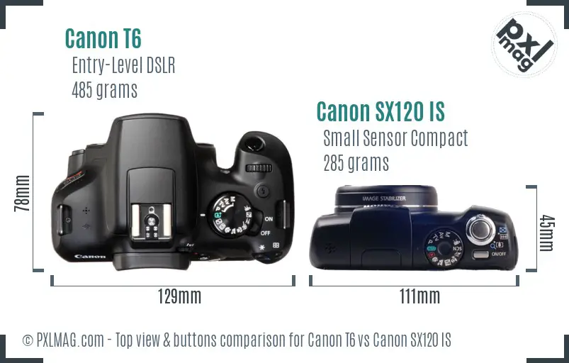 Canon T6 vs Canon SX120 IS top view buttons comparison