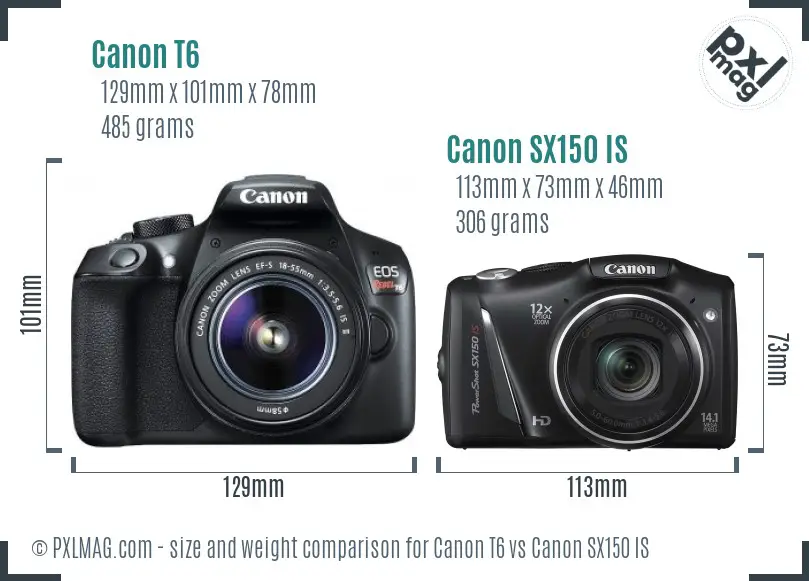 Canon T6 vs Canon SX150 IS size comparison