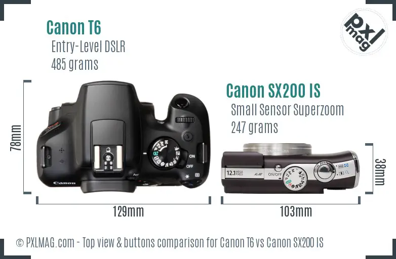 Canon T6 vs Canon SX200 IS top view buttons comparison