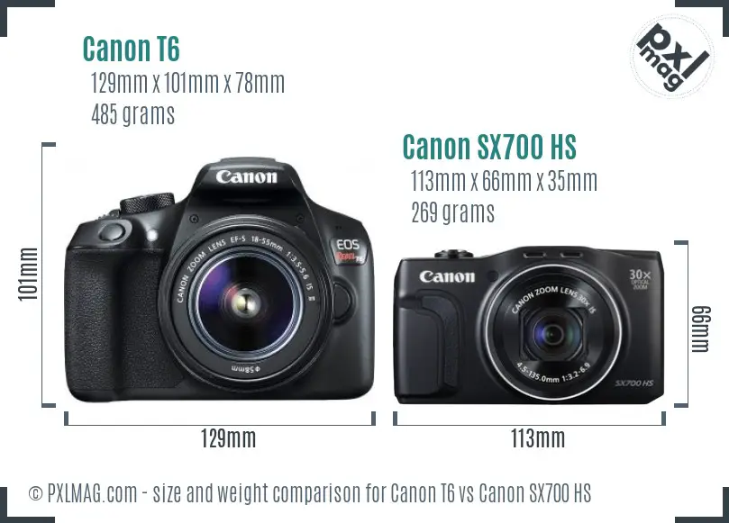 Canon T6 vs Canon SX700 HS size comparison