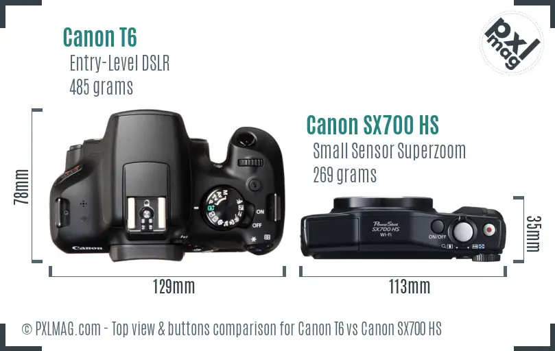 Canon T6 vs Canon SX700 HS top view buttons comparison