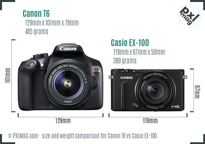 Canon T6 vs Casio EX-100 size comparison