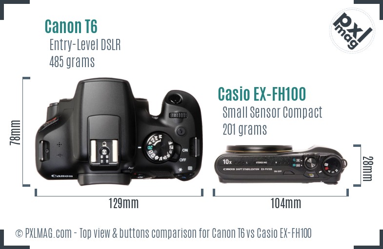 Canon T6 vs Casio EX-FH100 top view buttons comparison