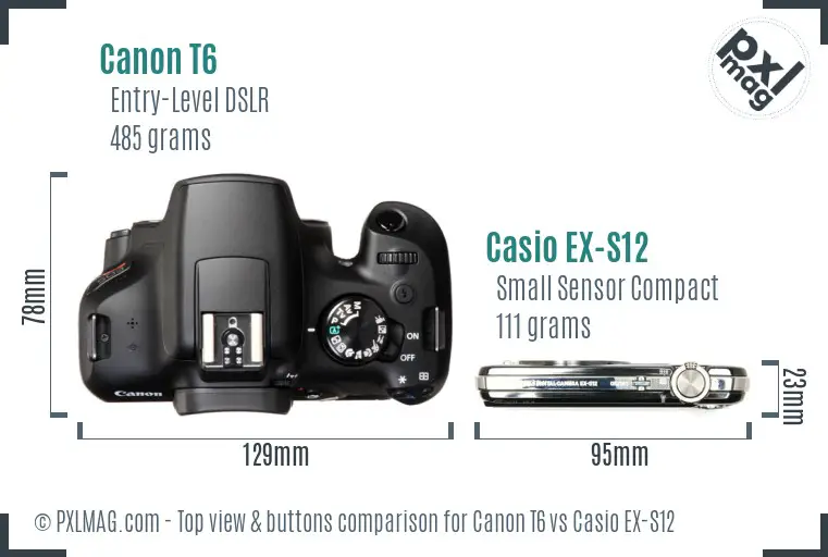 Canon T6 vs Casio EX-S12 top view buttons comparison