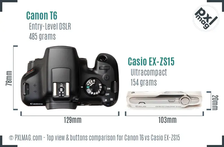 Canon T6 vs Casio EX-ZS15 top view buttons comparison