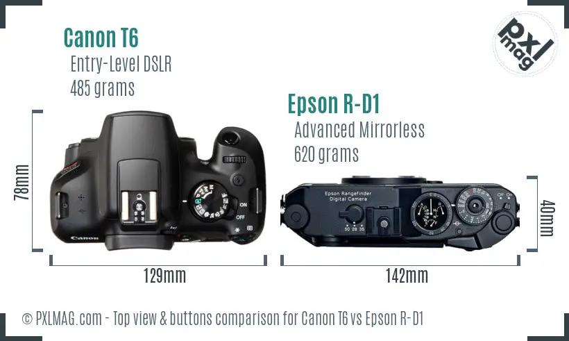 Canon T6 vs Epson R-D1 top view buttons comparison Canon T6 vs Epson R-D1 top view buttons comparison
