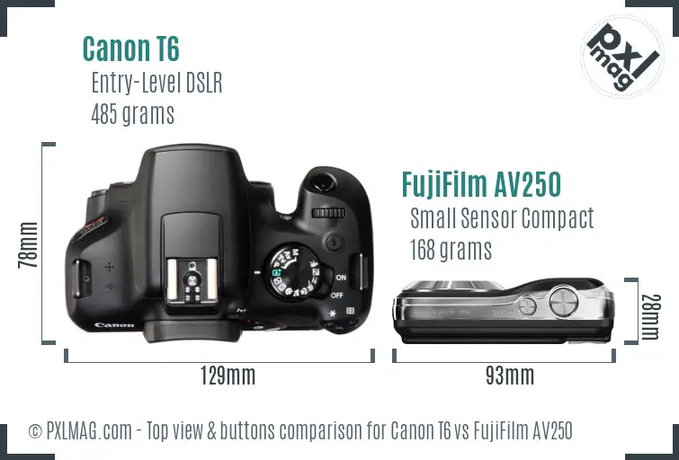 Canon T6 vs FujiFilm AV250 top view buttons comparison