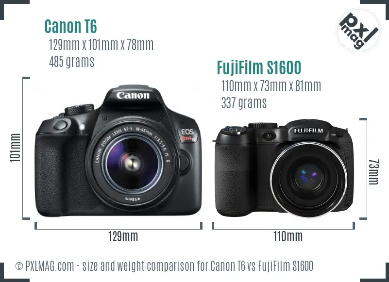 Canon T6 vs FujiFilm S1600 size comparison
