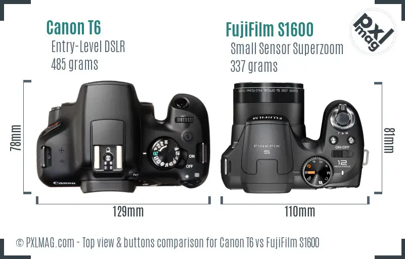 Canon T6 vs FujiFilm S1600 top view buttons comparison