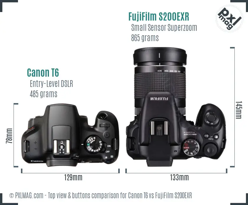 Canon T6 vs FujiFilm S200EXR top view buttons comparison