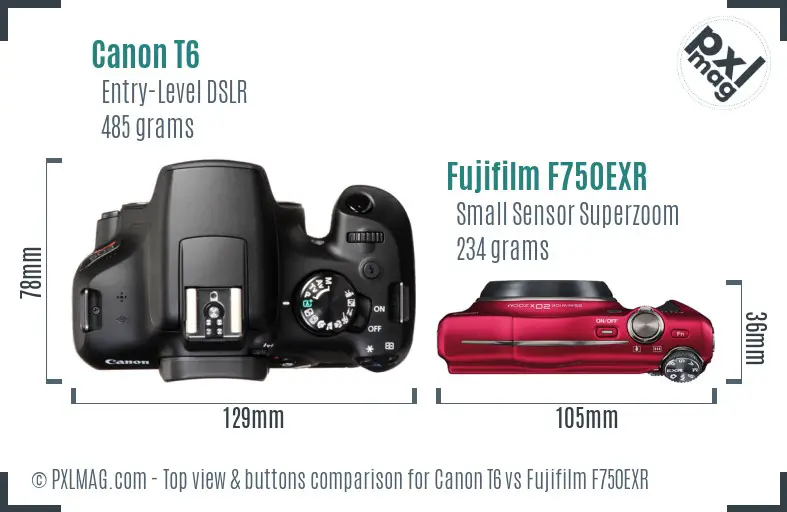 Canon T6 vs Fujifilm F750EXR top view buttons comparison