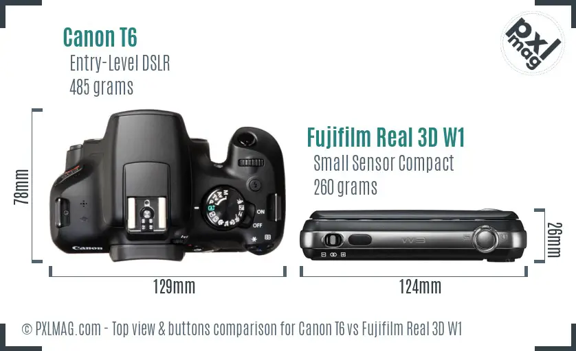 Canon T6 vs Fujifilm Real 3D W1 top view buttons comparison Canon T6 vs Fujifilm Real 3D W1 top view buttons comparison