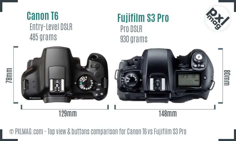 Canon T6 vs Fujifilm S3 Pro top view buttons comparison