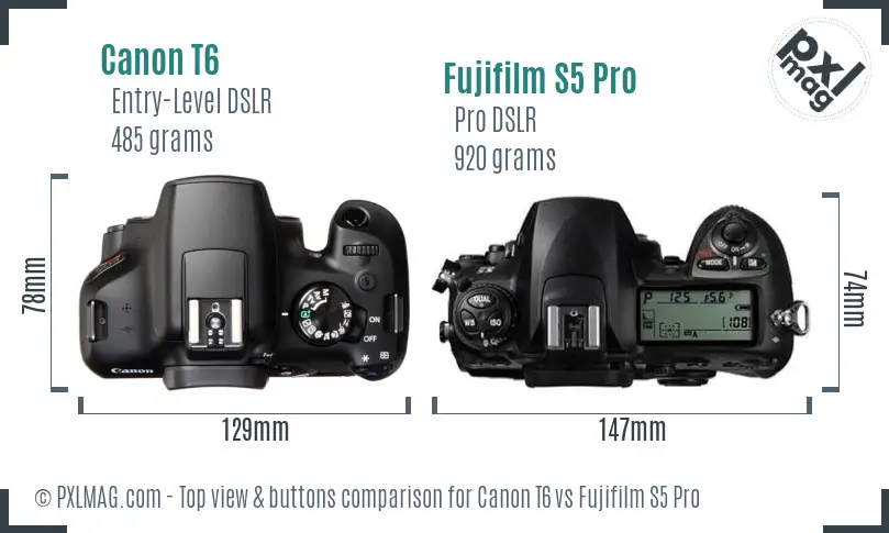 Canon T6 vs Fujifilm S5 Pro top view buttons comparison