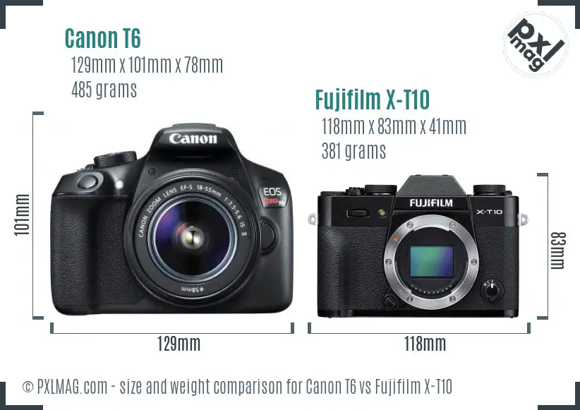 Canon T6 vs Fujifilm X-T10 size comparison