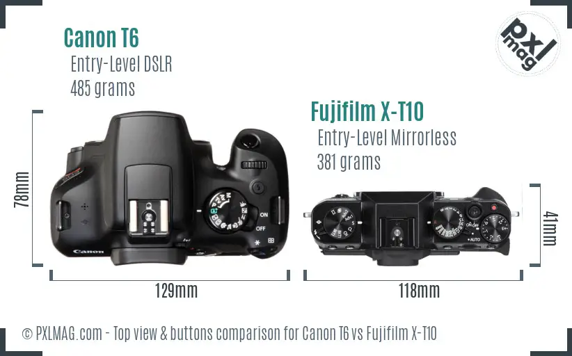Canon T6 vs Fujifilm X-T10 top view buttons comparison