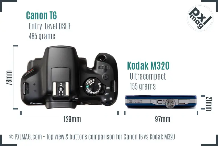 Canon T6 vs Kodak M320 top view buttons comparison