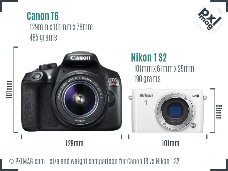 Canon T6 vs Nikon 1 S2 size comparison