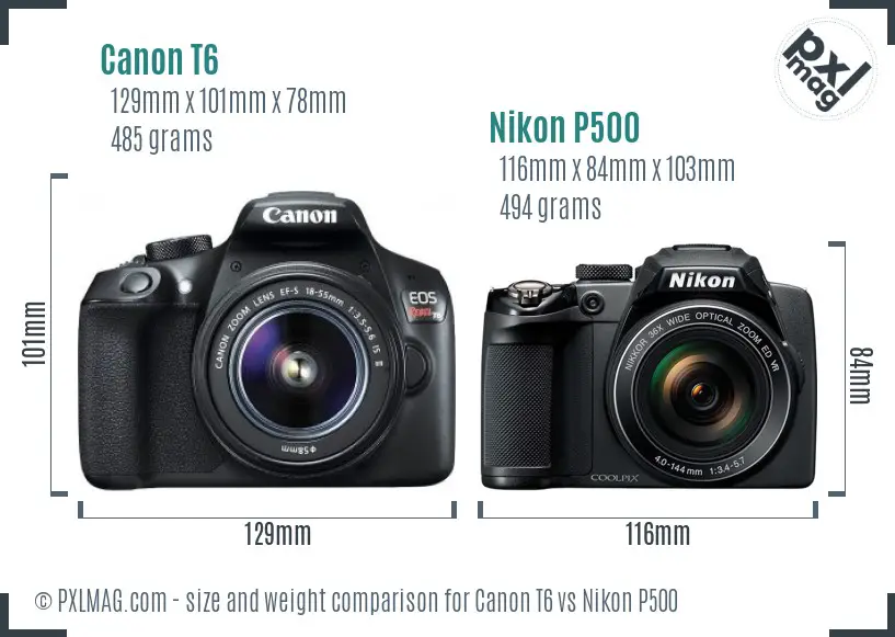 Canon T6 vs Nikon P500 size comparison