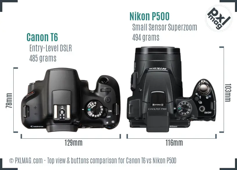 Canon T6 vs Nikon P500 top view buttons comparison