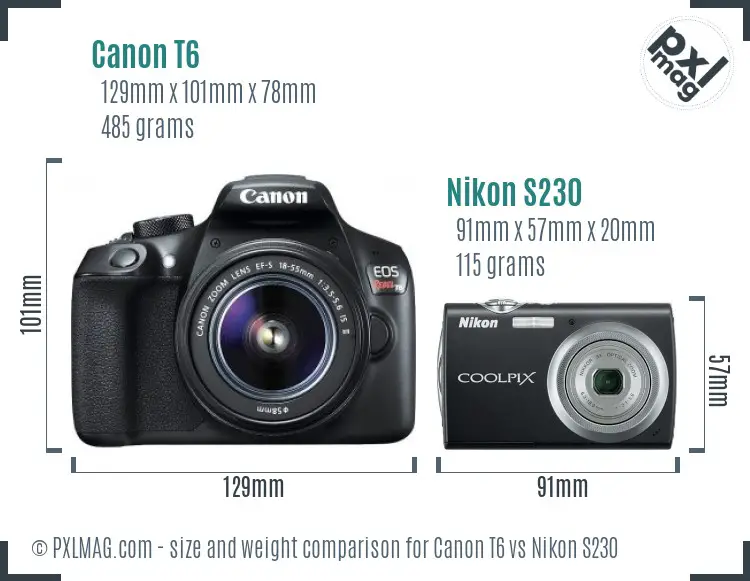 Canon T6 vs Nikon S230 size comparison