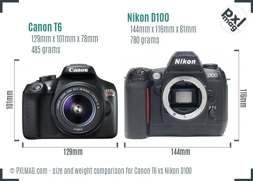 Canon T6 vs Nikon D100 size comparison